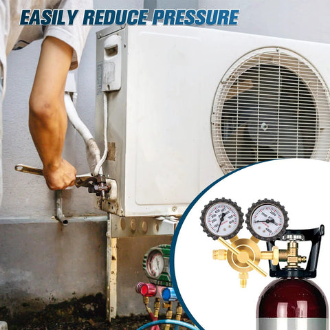 Nitrogen Regulator For HVAC Purging And Leak Testing 0 To 800 PSI Output With CGA580 Inlet, shown in use with air conditioning unit.