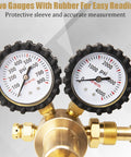 Close-up of Nitrogen Regulator For HVAC with dual gauges and rubber protection, 0-4000 PSI inlet, by KAKO, for pressure testing and purging.