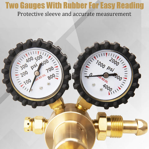 Close-up of Nitrogen Regulator For HVAC with dual gauges and rubber protection, 0-4000 PSI inlet, by KAKO, for pressure testing and purging.