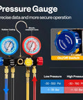 Pressure gauge on 4-way manifold for Dual Stage 110V 1 HP HVAC Vacuum Pump With 9.6 CFM Flow, features precise data display and on/off switch.