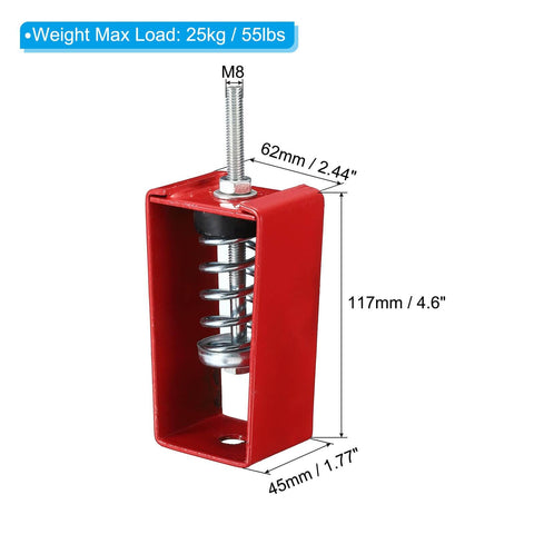 Two-pack vibration isolators deliver effective noise and vibration reduction for HVAC air handling units, supporting up to 55 lbs each with steel and rubber build for durable damping, easy mounting, and steady, quieter operation shown in red steel frame with spring and M8 bolt.
