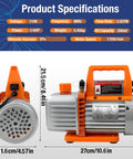 HVAC Vacuum Pump 3.5CFM 110V Single Stage Rotary Vane With Oil, side view and specifications