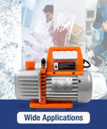 HVAC Vacuum Pump 3.5CFM 110V Single Stage Rotary Vane with oil and applications images in background.