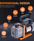 Heavy Duty HVAC Vacuum Pump With Four CFM And One Third HP Copper Motor For Auto AC Service Resin Degassing And Industrial Use Multi Refrigerant Compatible R12 R22 R134a R410a Delivers Fast Evacuation And 37.5 Micron Vacuum KOOPOOL, showing professional design features and specifications