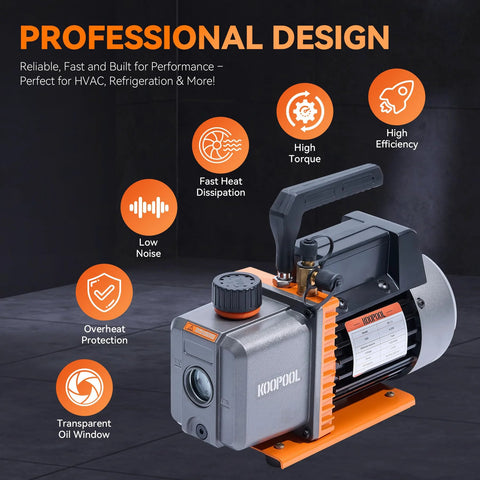 Heavy Duty HVAC Vacuum Pump With Four CFM And One Third HP Copper Motor For Auto AC Service Resin Degassing And Industrial Use Multi Refrigerant Compatible R12 R22 R134a R410a Delivers Fast Evacuation And 37.5 Micron Vacuum KOOPOOL, showing professional design features and specifications