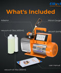 Pro Grade 12 CFM HVAC Vacuum Pump with accessories including micron gauge, bottles of oil, and user manual