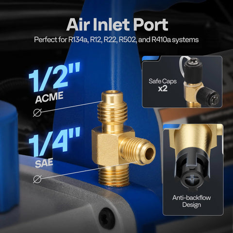Close-up of air inlet port on Easy DIY HVAC Vacuum Pump Kit 110V One Quarter HP 3.5 CFM Single Stage Rotary Vane with R134a Manifold Gauge Kit.