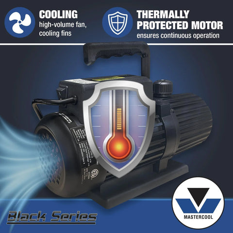 Powerful 6 CFM Spark Free Vacuum Pump For HVAC Pros Mastercool Black Series 90066 BL SF with cooling fan and protected motor features