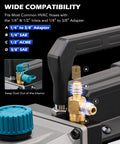 Pro Grade HVAC Vacuum Pump For Auto And Home Use, 3.5 CFM, 1/4 HP Single Stage, showing wide compatibility with hose adapters