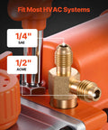 3.5 CFM HVAC vacuum pump connections with 1/4" SAE and 1/2" ACME fittings, suitable for most HVAC systems.