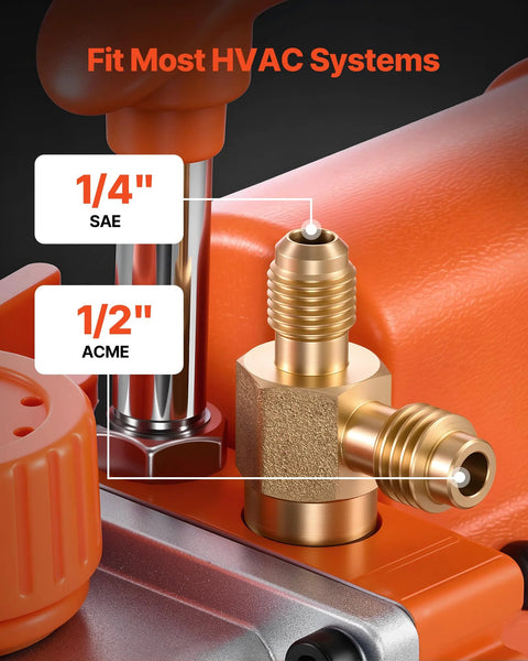 3.5 CFM HVAC vacuum pump connections with 1/4" SAE and 1/2" ACME fittings, suitable for most HVAC systems.