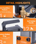 Infographic of Heavy Duty HVAC Vacuum Pump With Four CFM And One Third HP Copper Motor showing anti-backflow, rubber handle, rubber ring features