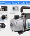 Detailed view of heavy duty HVAC vacuum pump kit showcasing exhaust filter, oil window, and fan features for efficient AC repair.