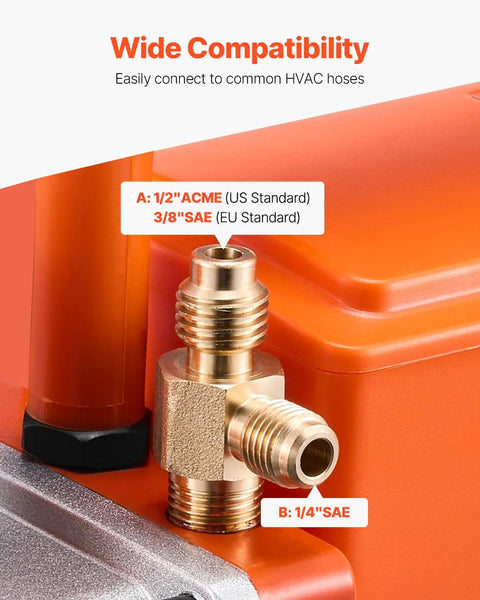 Two-stage 6 CFM vacuum pump with HVAC hose compatibility details showing ACME and SAE fittings for US and EU standards.
