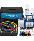 Efficient 110V One Half HP HVAC Vacuum Pump Kit With Two Stage Pumping And 5 CFM Flow, Four Way Manifold Gauge Set, Leak Detector, And Five Foot Hoses