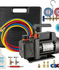 Pro Grade 3.5 CFM Single Stage Vacuum Pump For HVAC Systems With One Quarter HP Motor, manifold gauge set, hoses, and oil kit