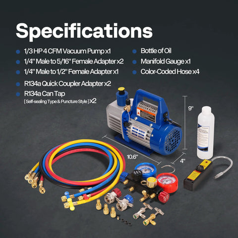 Specifications of Upgraded 4CFM One Third HP HVAC Vacuum Pump With 4 Way Manifold Gauge Set Leak Detector 5ft Hoses