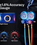 R134a manifold gauge set from Easy DIY HVAC Vacuum Pump Kit 110V One Quarter HP 3.5 CFM Single Stage Rotary Vane, blue sight glass.