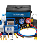 Upgraded 4CFM One Third HP HVAC Vacuum Pump With 4 Way Manifold Gauge Set Leak Detector 5ft Hoses Automotive AC Kit By VIVOHOME