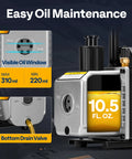 Pro Grade 4.5 CFM HVAC Vacuum Pump oil maintenance features, showing visible oil window, 10.5 fl. oz., and bottom drain valve.