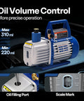 Upgraded 4CFM One Third HP HVAC Vacuum Pump With Oil Volume Control for precise operation and manifold gauge set for auto AC maintenance.