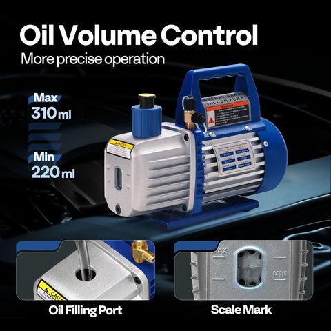 Upgraded 4CFM One Third HP HVAC Vacuum Pump With Oil Volume Control for precise operation and manifold gauge set for auto AC maintenance.