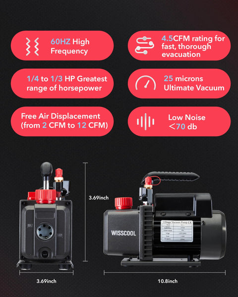 Four Point Five CFM 110V One Third HP AC Vacuum Pump With 4 Way Gauge Kit featuring specifications and dimensions