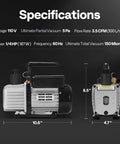 Specifications of VIVOHOME 110V 1/4 HP 3.5 CFM Single Stage Rotary Vane HVAC Vacuum Pump, front and side view
