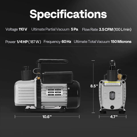 Specifications of VIVOHOME 110V 1/4 HP 3.5 CFM Single Stage Rotary Vane HVAC Vacuum Pump, front and side view