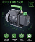 High Performance Three Point Five CFM Single Stage HVAC Vacuum Pump With One Quarter HP 110 Volt Motor for automotive AC systems showing dimensions and features