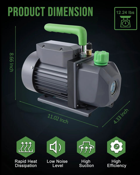 High Performance Three Point Five CFM Single Stage HVAC Vacuum Pump With One Quarter HP 110 Volt Motor for automotive AC systems showing dimensions and features