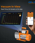 Pro Grade 12 CFM HVAC Vacuum Pump With External Micron Gauge on screen and app, Elitech SVP 12 Pro, showing readouts, in use.