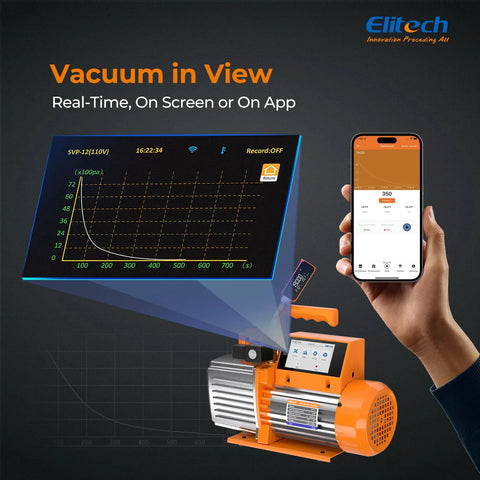 Pro Grade 12 CFM HVAC Vacuum Pump With External Micron Gauge on screen and app, Elitech SVP 12 Pro, showing readouts, in use.