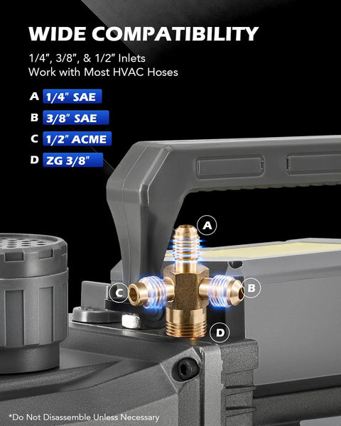 Pro Grade Two Stage Rotary Vane Vacuum Pump With 9 CFM And Three Quarter Horsepower for HVAC, inlet compatibility details.