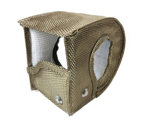 Durable Lava Exterior Turbo Blanket Insulating Cover for HX35W Turbocharger with stainless rivet fasteners, outside view.