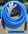 Hand holding Hybrid Air Hose Three Eighths Inch By Twenty Five Feet 300 PSI Heavy Duty Lightweight Kink Resistant All Weather Flexibility
