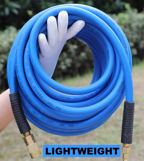 Hand holding Hybrid Air Hose Three Eighths Inch By Twenty Five Feet 300 PSI Heavy Duty Lightweight Kink Resistant All Weather Flexibility
