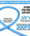 Hybrid Air Hose Three Eighths Inch By Twenty Five Feet 300 PSI Heavy Duty Lightweight Kink Resistant Blue PVC Blend
