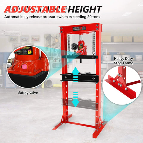 Hydraulic Shop Press,20 Ton H-Frame Garage Floor Adjustable Shop Bearing Press with Pressure Gauge & Stamping Plates