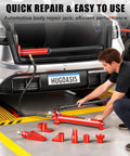 Pro Grade 12 Ton Hydraulic Body Repair Kit With Portable Floor Jack Ram Pump Set, visible in use for auto body repair