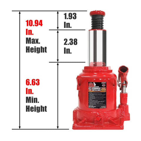 Beast Mode Low Profile Hydraulic Bottle Jack Twenty Ton Capacity Stubby Welded Frame With Serrated Saddle Lifts From Six And Five Eighths Inches To Ten And Fifteen Sixteenths Inches Red Finish Heavy Duty Auto Garage Tool By Torin