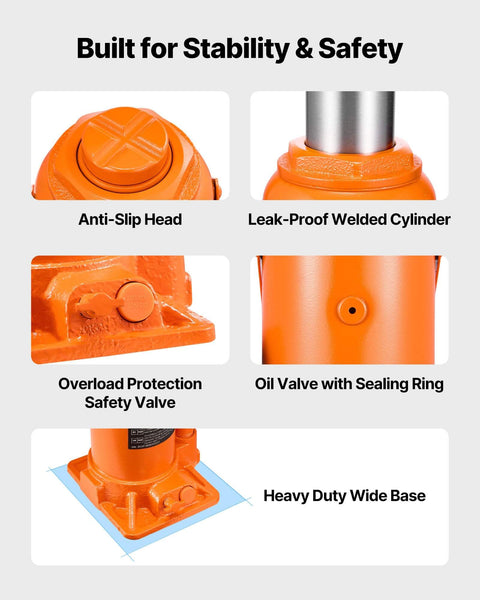 Close-up of Heavy Duty 20 Ton Hydraulic Bottle Jack With 7.5 To 14 Inch Lift Range All Welded Construction showing features