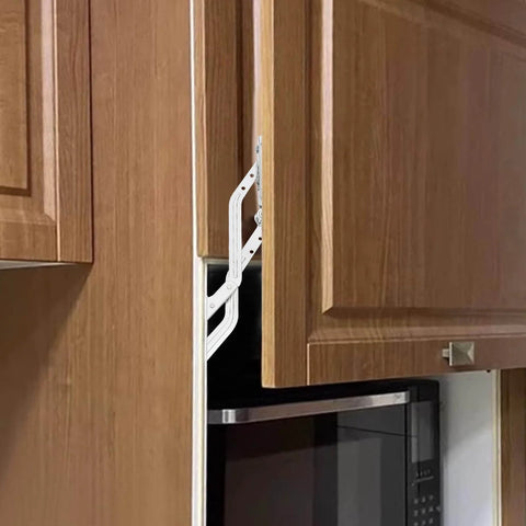Hydraulic Buffer Cabinet Door Hinges Adjustable Mounting Hinges installed on a wooden cabinet door, showing vertical lift-up function.