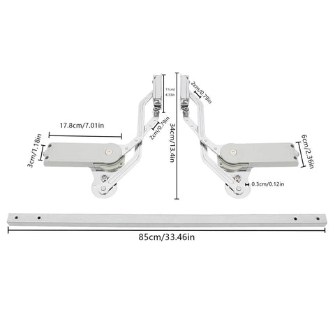 Hydraulic Buffer Cabinet Door Hinges, Vertical Swing Lift Up Hinge for 7.7-8.8lbs Doors, Adjustable with measurements visible