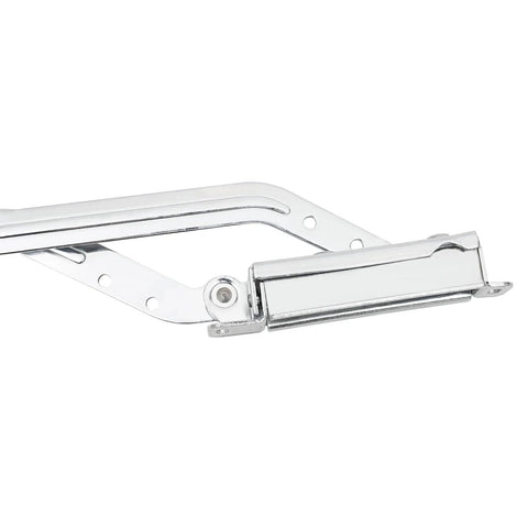 Close-up of hydraulic buffer cabinet door hinge with chromium finish for cabinet, wardrobe, vertical swing lift up 7.72-8.82lbs capacity.