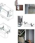 Diagram and real-life application of Kitchen Cabinet Door Flap Up Support Furniture Hinge, Translational Lift Up Mechanism Support.