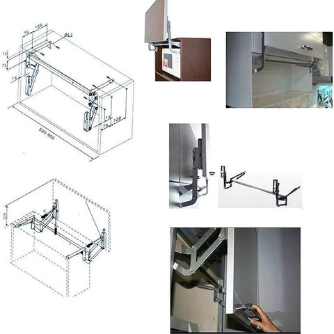 Diagram and real-life application of Kitchen Cabinet Door Flap Up Support Furniture Hinge, Translational Lift Up Mechanism Support.