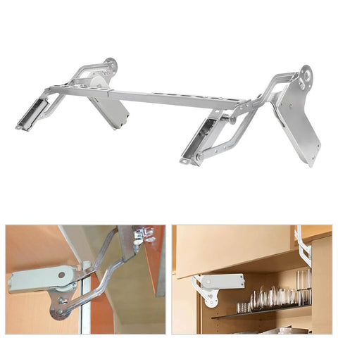 Cabinet door hinges with hydraulic arm mechanism, showing top-lift pneumatic arm installed in kitchen cabinets.