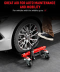 Heavy Duty 4 Pack Hydraulic Car Wheel Dollies With Foot Pedal, 6,000 Lbs Total Capacity in use on car wheel, red