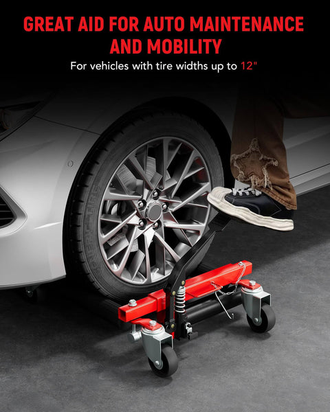 Heavy Duty 4 Pack Hydraulic Car Wheel Dollies With Foot Pedal, 6,000 Lbs Total Capacity in use on car wheel, red